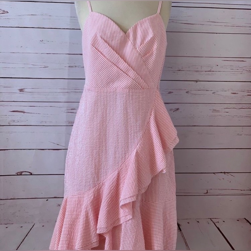 J.Crew pink and white striped seersucker dress with ruffle detail. Size 2